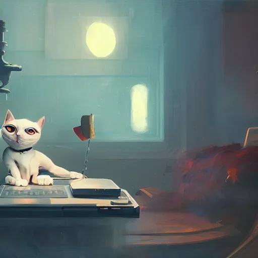 Prompt: a puppet cat is lying on the computer table, characterized by roman shipunov, etienne hebinger, atey ghailan, cgsociety, fantasy art, 2 d game art