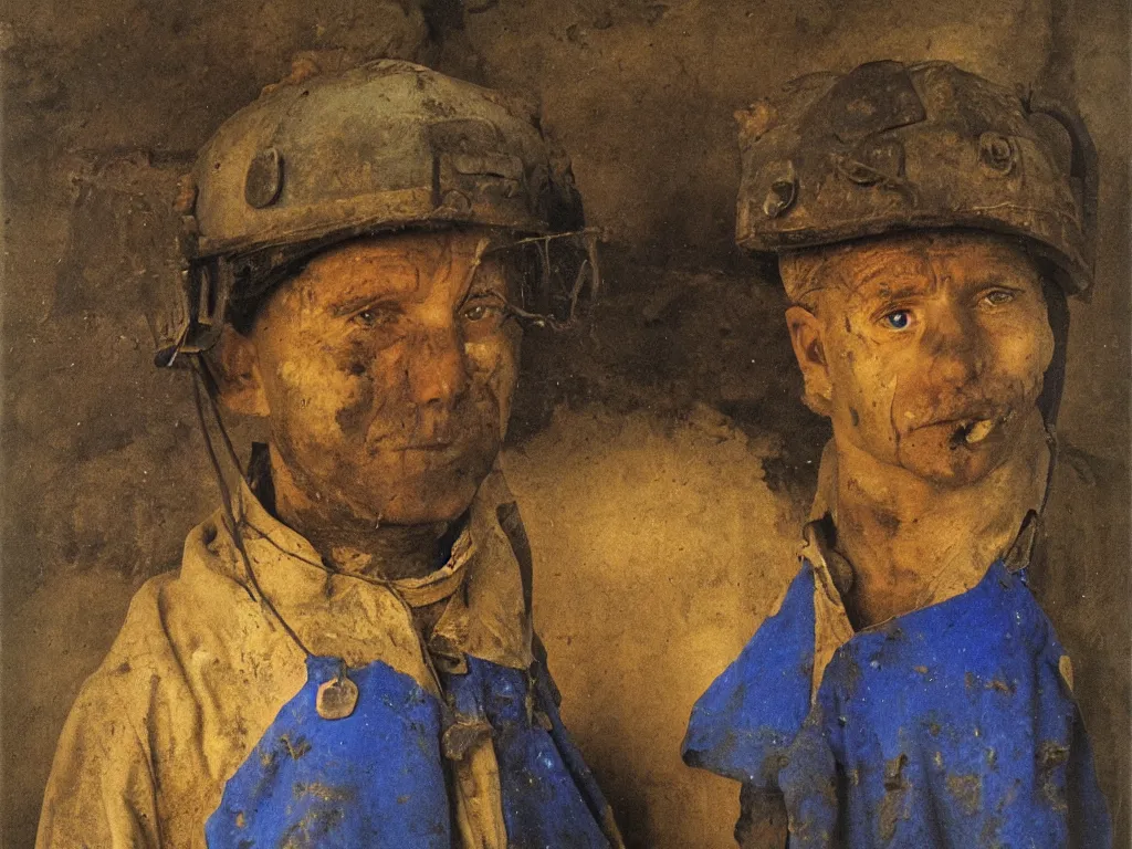 Image similar to portrait of a miner in the coal mines. Lapis lazuli. Painting by Jan van Eyck, August Sander.