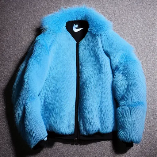 Image similar to nike jacket made of very fluffy blue faux fur : : with a reflective iridescent nike logo, professional advertising, overhead lighting, heavy detail, realistic