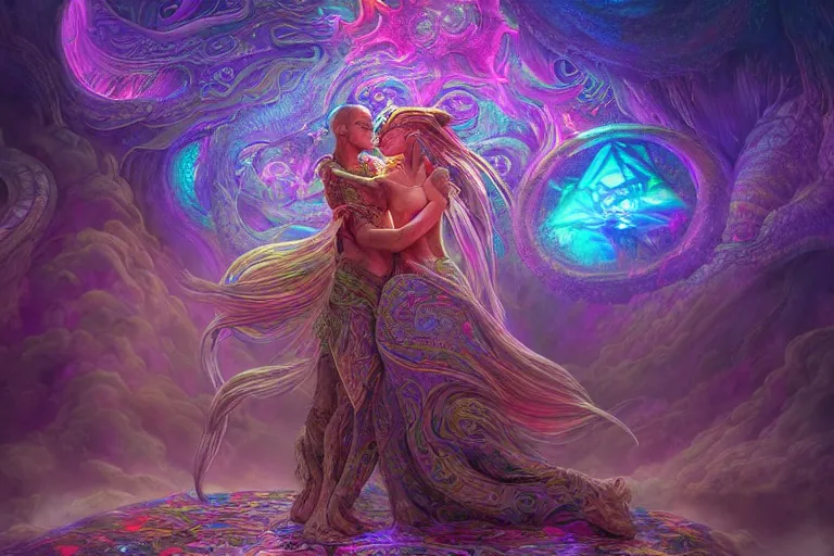 Image similar to a psychedelic realm at the edge of existence where intensely creative astral beings live, the astral beings are holding each other to share love, in the style of WLOP, illustration, epic, fantasy, hyper detailed, smooth, unreal engine, sharp focus, ray tracing