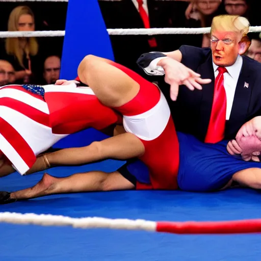 Prompt: donald trump suplex vladimir putin, wrestling ring, vivid, colorful