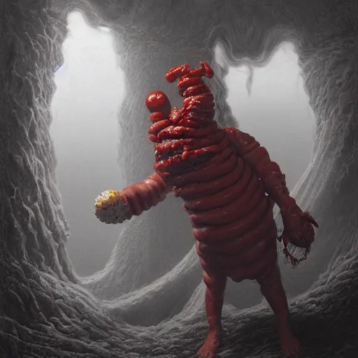 Prompt: photorealistic rendering of demonic hotdog man the style of michael whelan and gustave dore. hyperdetailed photorealism by greg rutkowski, 1 0 8 megapixels, cinematic lighting.