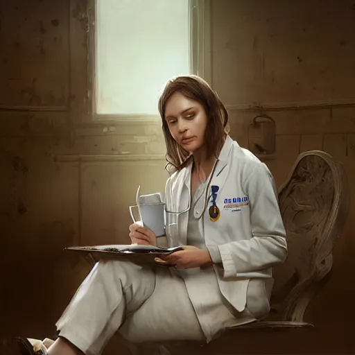 Image similar to a portrait of an nurse in a white uniform sitting and drinking coffee, Matte painting , detailed painting, greg rutkowski