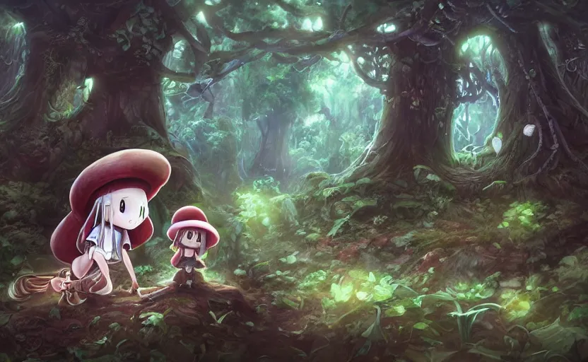 Prompt: cute little girl with an long hair wearing an mushroom hat in the dark forest next to a sinister monster, cute artwork, clean detailed art, inspired made in abyss, detailed background, fantastic world, spectacular quality