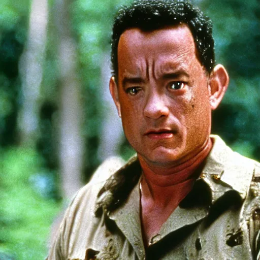 Image similar to tom hanks in the move forest gump replaced by a monster from the movie predator, still movie shot