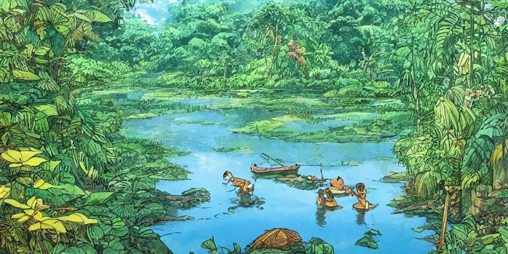 Prompt: sri lankan river in a jungle, drawn by hayao miyazaki