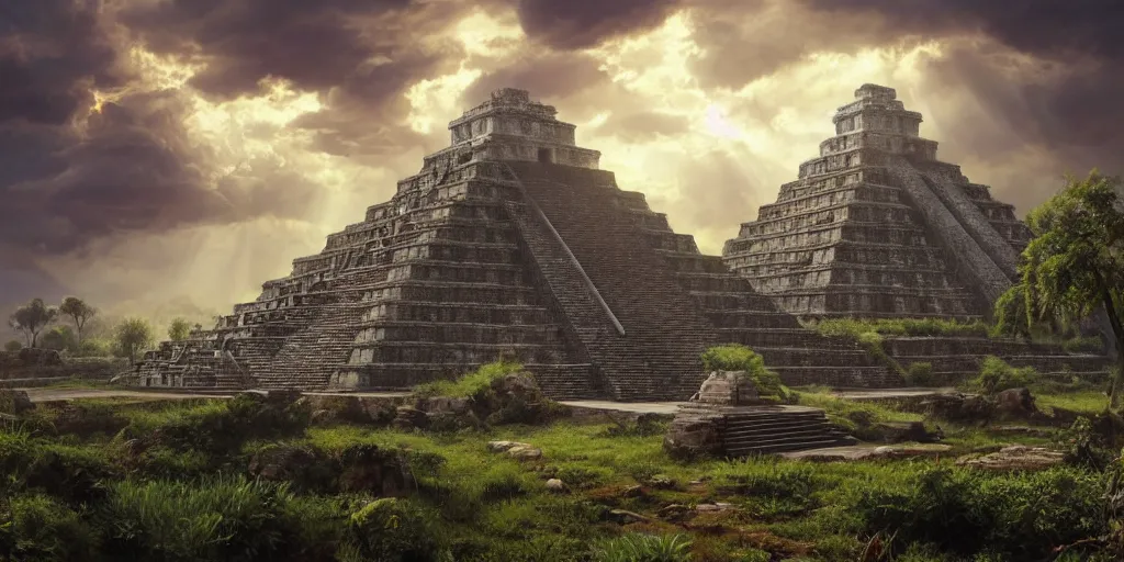 Image similar to beautiful ancient aztec temple overrun by nature, gorgeous clouds, god rays, digital art, landscape, fantasy art, octane render, ureal engine, high detail, very realistic, by greg rutkowski. by james gurney