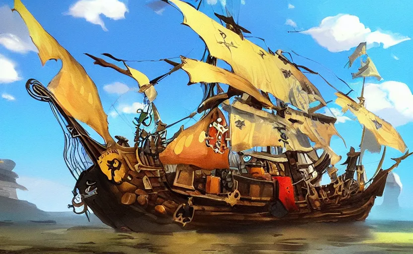 Prompt: pirate ship, storybook, gouache, flat, concept art, lush, artstation