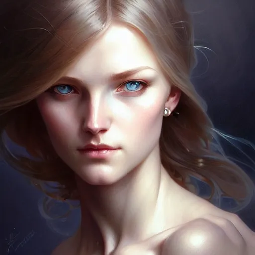 Image similar to Portrait of nordic girl, blue eyes, face, dark fantasy, intricate, elegant, highly detailed, digital painting, artstation, concept art, smooth, sharp focus, illustration, art by artgerm and greg rutkowski and alphonse mucha