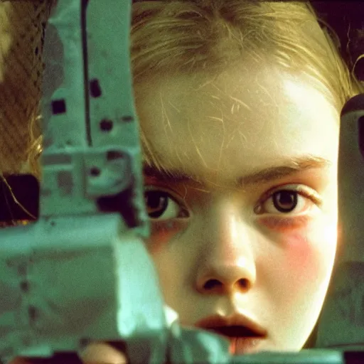 Prompt: film still, medium shot, elle fanning, jungle, vietnam door gunner, apocalypse now, associated press,, 2 6 mm, kodak ektachrome, blue tint expired film