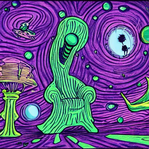 Image similar to couch sofa chesterfield flying through space psychedelic trippy eldritch horror cartoon