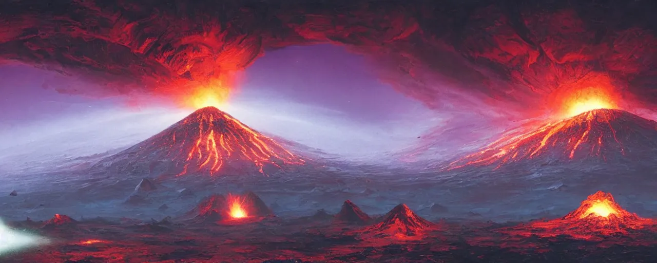 Image similar to ” outer planet with erupting volcanoes, [ art by paul lehr, cinematic, detailed, epic, widescreen, opening, establishing, mattepainting, photorealistic, realistic textures, octane render ] ”