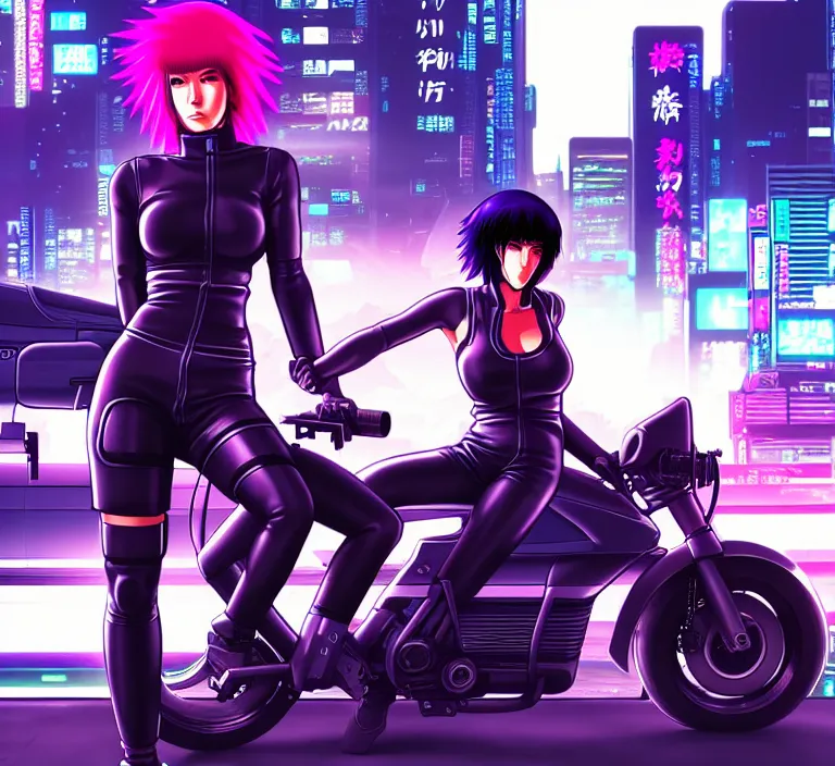 Image similar to motoko kusanagi riding a cyberpunk vehicle in a grungy cyberpunk megacity, bosozoku gang war, cyberpunk vaporwave, artgerm, sola digital arts, anti aliasing, raytracing