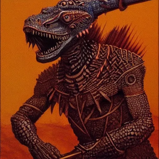 Image similar to tribal lizardman warrior concept, wielding aztec club, beksinski
