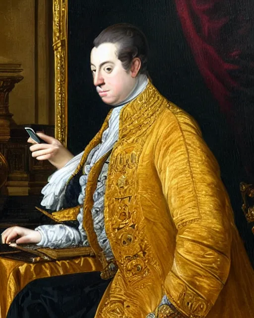 Prompt: 1 7 0 0 s painting royal portrait of the king of england checking his twitter feed on his cellphone while sitting on his throne gold crown