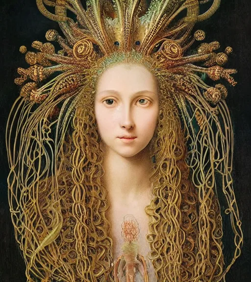 Prompt: portrait of a gorgeous sublime young goddess with intricate decorative jellyfish headdress and beautiful eyes, clear lines, detailed painting by christian rex van minnen and ernst haeckel and james jean