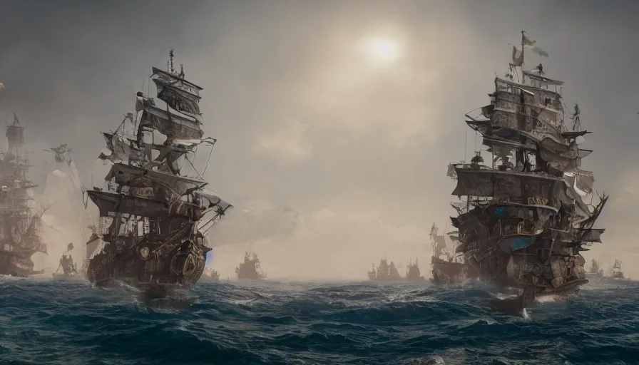 Image similar to A highly detailed matte painting of a huge pirate ship in the ocean , volumetric lighting, octane render, 4K resolution, trending on artstation