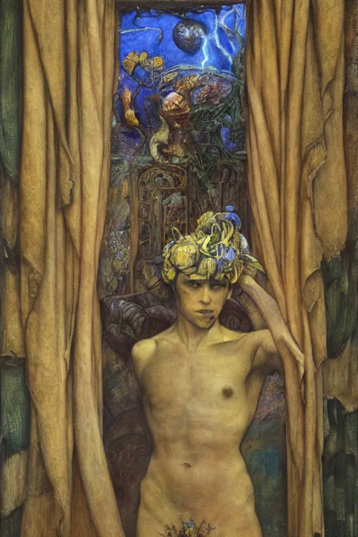 Image similar to the prince in his bone crown and regalia stands by the window at dusk,by Annie Swynnerton and Diego Rivera and Elihu Vedder, symbolist, dramatic lighting, elaborate geometric ornament, Art Brut, soft blues and greens,smooth, sharp focus, extremely detailed, Adolf Wölfli and (Evelyn De Morgan)