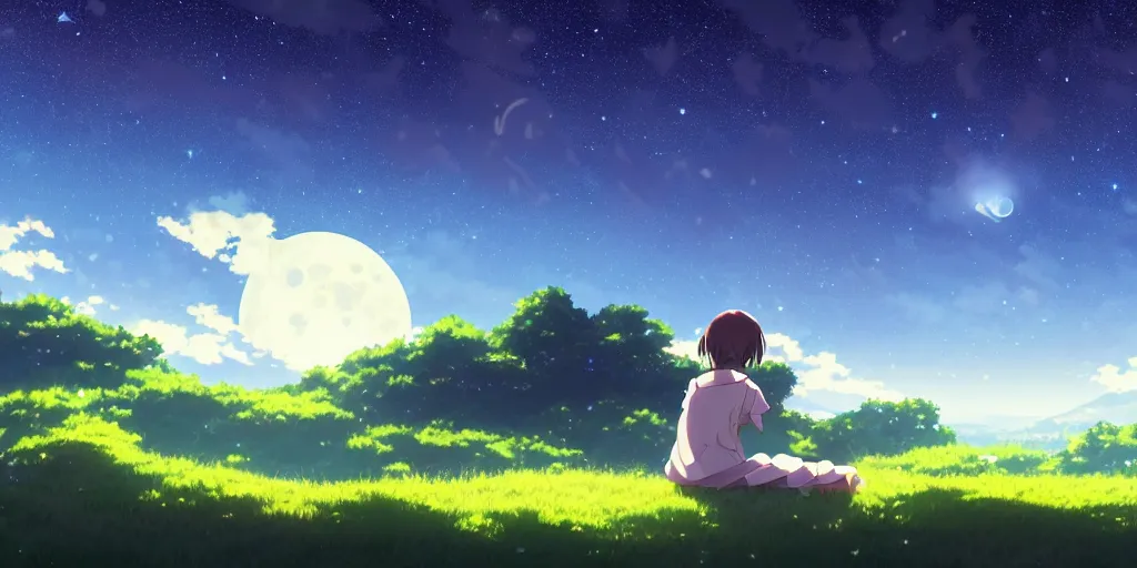 Image similar to a schoolgirl girl sat on the hillside and looked at the stars in the night sky, beautiful moonlight, rich vivid colors spectacular milky way, shining meteor, pale blue light from the moon, ambient lighting, dynamic lighting, official media, anime key visual, detailed, artwork by makoto shinkai. - h 5 7 6