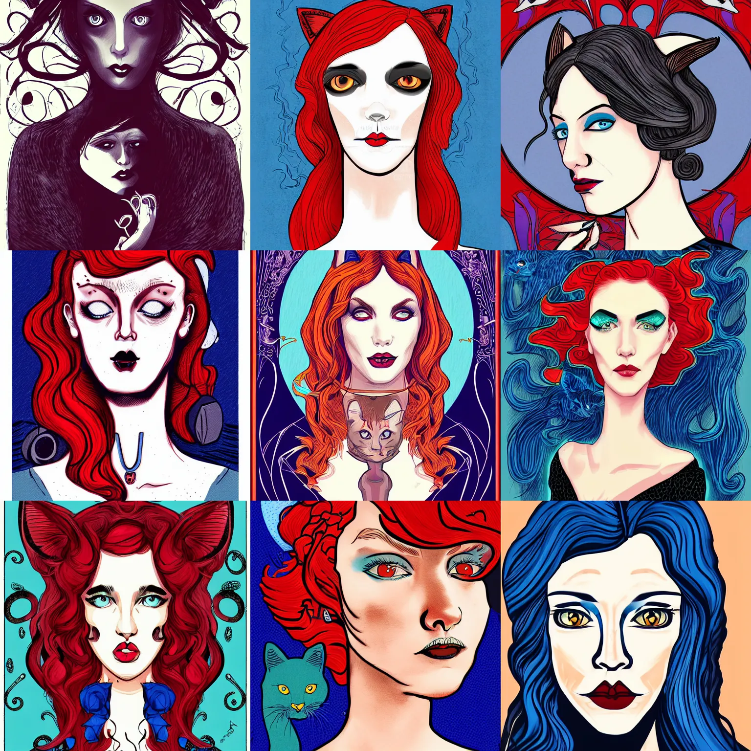 Prompt: half body portrait illustration of a femme fatale with a cat face. red hair, blue almond eyes. dystopian, detailed, art nouveau, pop art, comic book style. influenced by neil gaiman, h. p. lovecraft, wlop, lei min, annie leibovitz, voitv