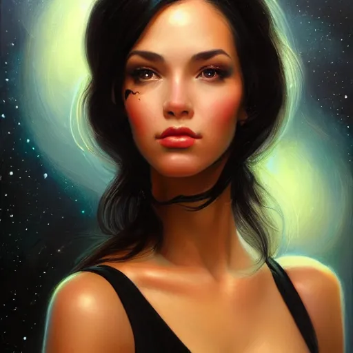 Image similar to a portrait of a very beautiful woman in a spacesuit, Alexandria\'s genesis, shoulder-length black hair, bored, illustration, soft lighting, soft details, painting oil on canvas by mark arian by artgerm, trending on artstation, 4k, 8k, HD