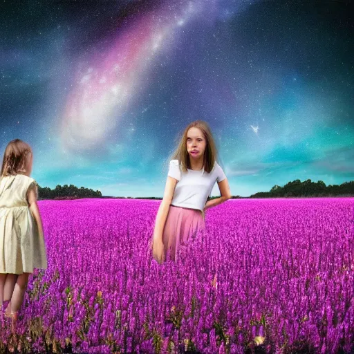 Prompt: girl among the flower field looks at the cosmic sky, epic, 4 k, high detalied, hyper realistic