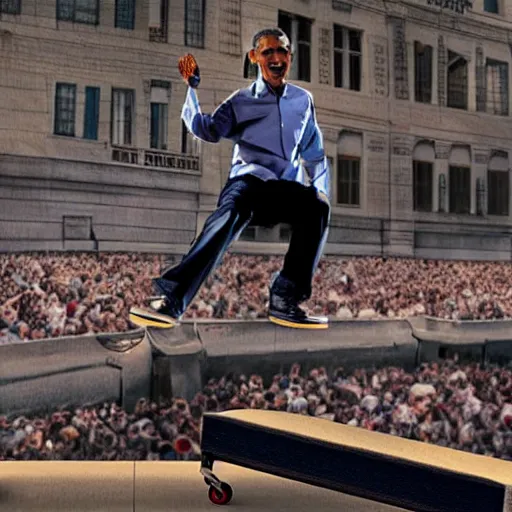 Image similar to +4000 upvotes meme depicting obama doing a kickflip, high detail, reddit, instagram, 9gag, 8k resolution