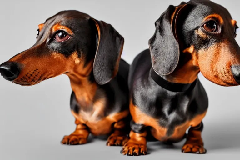 Image similar to Photo of a two-headed dachshund, portrait, 3/4 view, Refined, Detailed professional photo, 50mm lens, Canon eos, blurry distant background, Highly Detailed, Cinematic Lighting, 8k