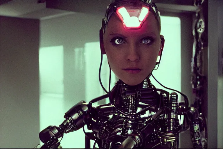 Prompt: cinematography closeup portrait of a cyborg girl in a cyberpunk apartment by Ridley Scott