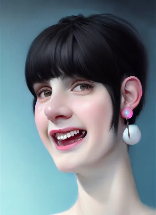 Image similar to portrait of white teenage girl, narrow face, short black hair, bangs, half updo hairstyle, buck teeth, smile, unattractive, defined jawline, long chin, wearing hair bow, earrings, intricate, elegant, glowing lights, highly detailed, digital painting, artstation, sharp focus, illustration, art by wlop, mars ravelo and greg rutkowski