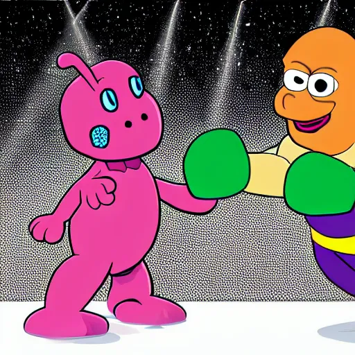 Prompt: boxing match between Barney the Dinosaur and Mr Blobby. 8k vector art