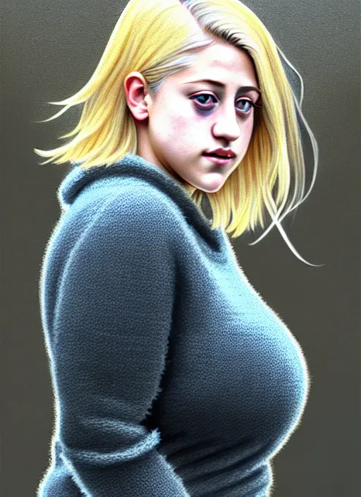 Image similar to full body portrait, teenage lili reinhart, blonde hair, obese, bangs, ponytail, sultry, realistic, sweater, fluffy bangs, fully clothed, curly bangs, fat, belly, intricate, elegant, highly detailed, digital painting, artstation, concept art, smooth, sharp focus, illustration, art by wlop, mars ravelo and greg rutkowski