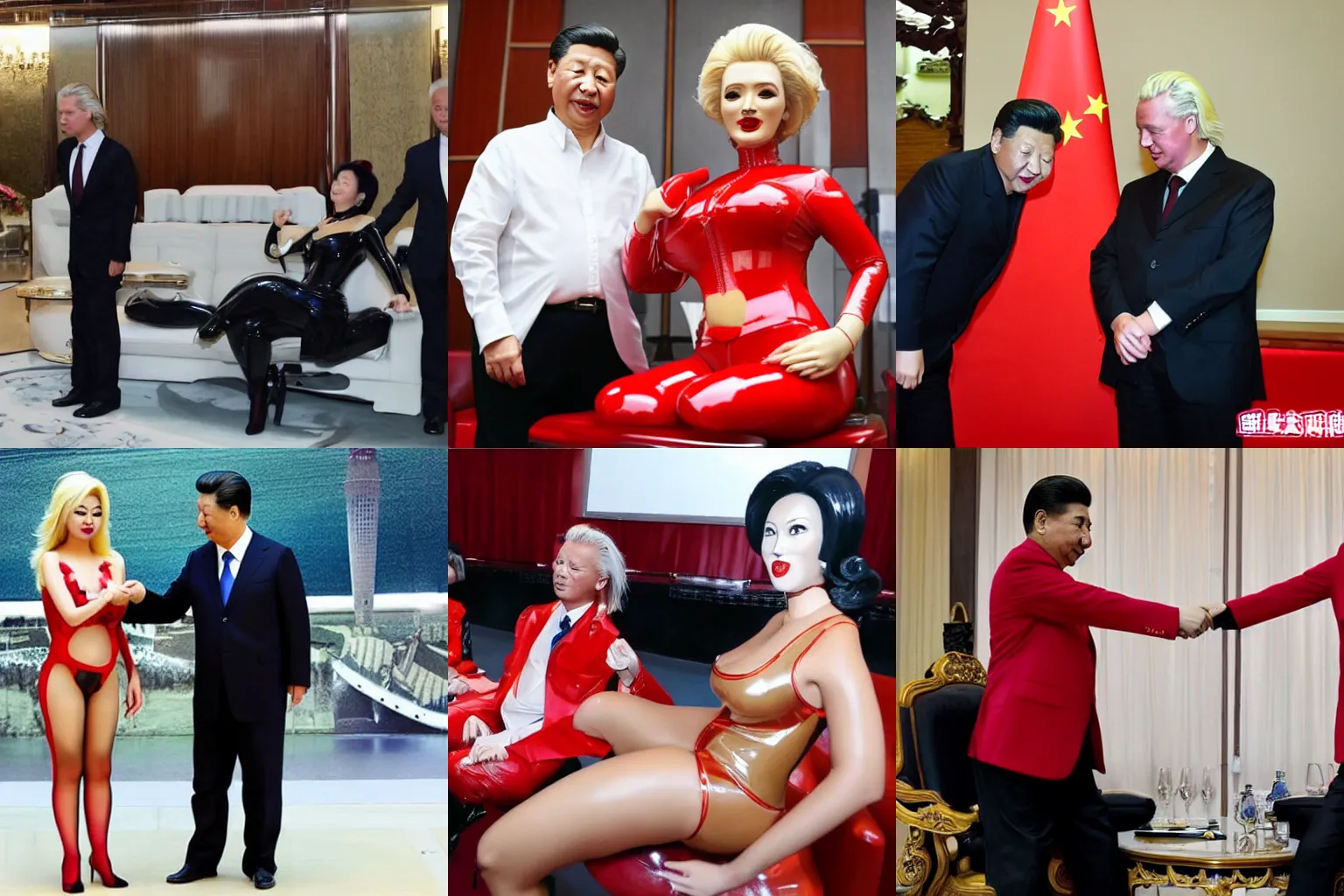 Prompt: sexy xi jinping dressed in latex giving a crying geert wilders a lapdance in taiwan