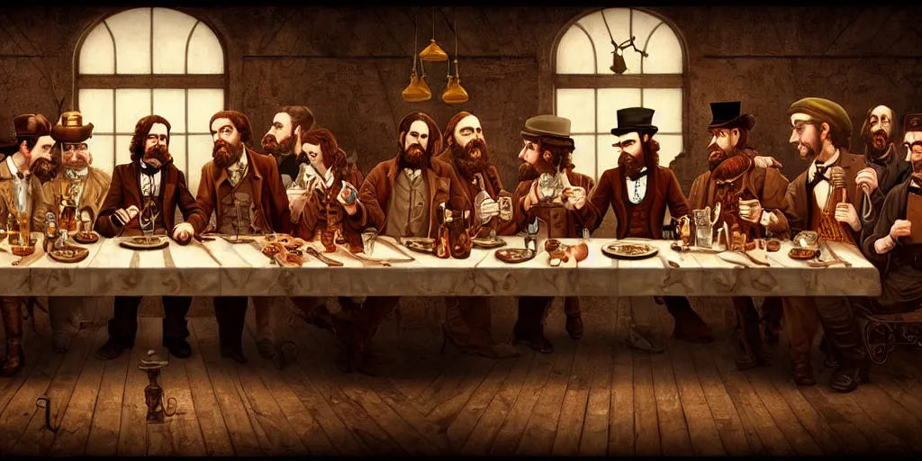 Image similar to steampunk last supper by wes anderson, digital painting, trending on artstation, sharp focus, 4 k