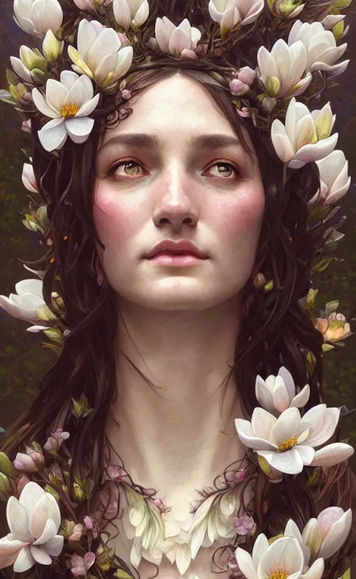 Prompt: portrait of a goddess of magnolia! covered in flowers!, half body, perfect face!!, d & d, fantasy, intricate, elegant, highly detailed, digital painting, artstation, concept art, smooth, sharp focus, illustration, art by artgerm and greg rutkowski and alphonse mucha