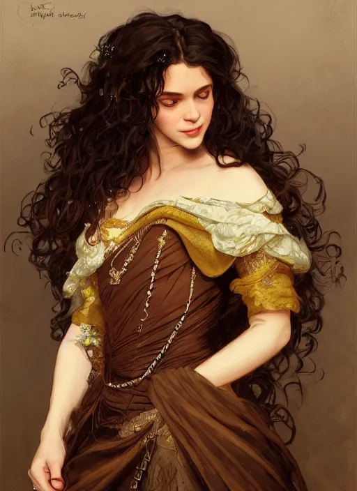 Image similar to medium-length portrait of a female princess with long curly hair and brown eyes, dark brown skin, happy expression, wears a beautiful flowing gown, medieval setting, highly detailed, digital painting, artstation, concept art, sharp focus, illustration, art by greg rutkowski and alphonse mucha