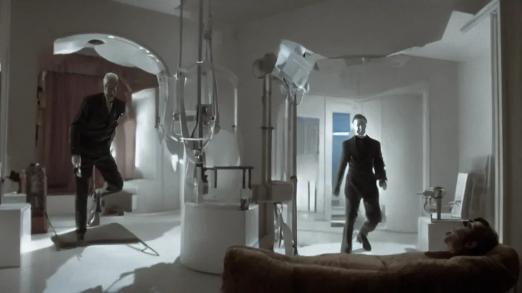 Image similar to an mri image of james cavell in the living room, film still from the movie directed by denis villeneuve with art direction by salvador dali, wide lens