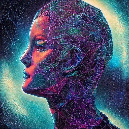 Prompt: beautiful portrait of intelligence, spatial space deformation in latent space, hologram, math art, astral plane, by artgerm and dan mumford and gustave dore, artstation