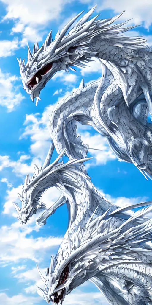 Prompt: white photorealistic futuristic post - modern blue eyes white dragon in seoul with bright blue sky