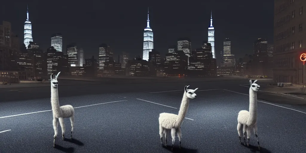 Image similar to a llama walking through a desolate manhattan city street at night, statue of liberty seen in the background, realistic 4 k octane beautifully detailed render, 4 k post - processing, highly detailed, detailed face, intricate complexity, epic composition, magical atmosphere, cinematic lighting, masterpiece, color picture, ultra hd