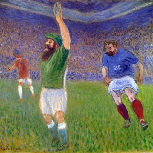 Prompt: monet painting of a shortbearded man celebrating a goal, soccer, wearing a caps, colorful, highly detailed, realistic,