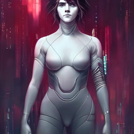 Image similar to ultra realistic illustration, emma watson as ghost in the shell anime, intricate, elegant, highly detailed, digital painting, artstation, concept art, smooth, sharp focus, illustration, art by artgerm and greg rutkowski and alphonse mucha and wlop