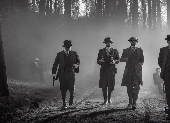 Image similar to an action scene from peaky blinders, medium long shot, filmed in the dark woods, a cabin in the background, faces covered in shadows, detailed and symmetric faces, black and white, cinematic, epic,