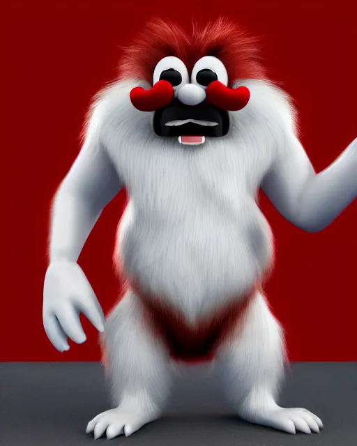 Image similar to 3 d render of completely red hairy friendly antropomorphic cartoony creature wearing chrome shades, full body, simple, cute, white background, unreal engine 5 hdr