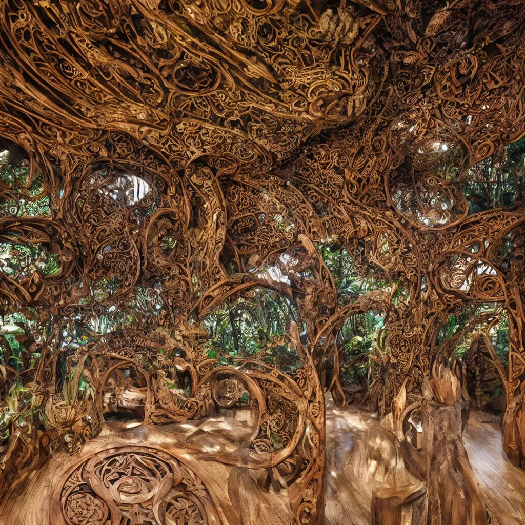 Image similar to bizarre surreal art nouveau japanese celtic hippie fairytale polynesian biomorphic interior architecture in live natural wood, inside vast cinematographic opening shot, sharp details, beautiful artistic masterpiece of photography