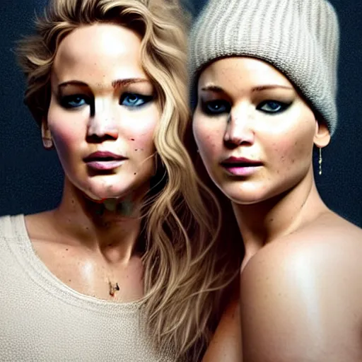 Prompt: beautiful serene intricate portrait of jennifer lawrence and jennifer lawrence, smiling softly, wearing casual clothes, relaxing on the couch, interior lighting, cozy living room interior, soft focus, 8 k, art by irakli nadar, hyperrealism, hyperdetailed, ultra realistic