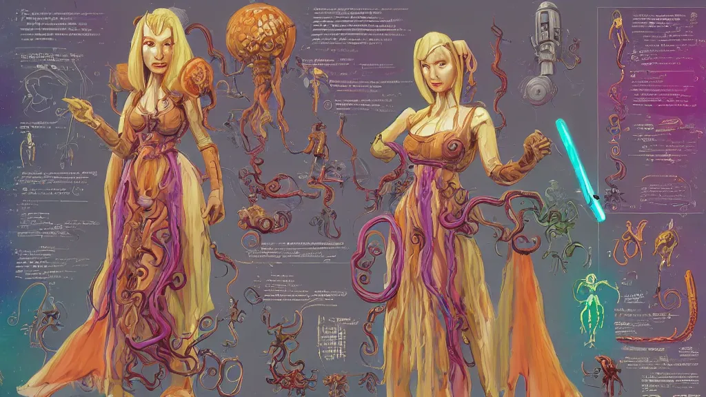 Image similar to highly detailed colorful character sheet for a stocky extraterrestrial female servant maid with thick snake - like tentacles for hair, long dress with apron, star wars, farscape, impact by craig mullins, by studio ghibli, digital art, trending on artstation, hd, 8 k, highly detailed, good lighting, beautiful, masterpiece