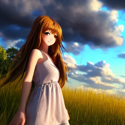 Prompt: Render of a very beautiful 3d anime girl, long hair, hazel eyes, cute freckles, full round face, short smile, cute sundress, golden hour, serene clouds setting, medium shot, mid-shot, highly detailed, trending on Artstation, Unreal Engine 4k