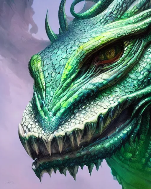 Prompt: curious dragon head with dreamy big eyes, scales, green and blue, highly detailed, digital painting, artstation, concept art, sharp focus, cinematic lighting, illustration, art by artgerm and greg rutkowski