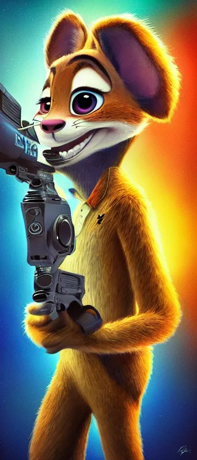 Prompt: “ animal character in the style of zootopia holding laser gun, floating alone, with a black dark background, digital art, award winning, trending on art station ”